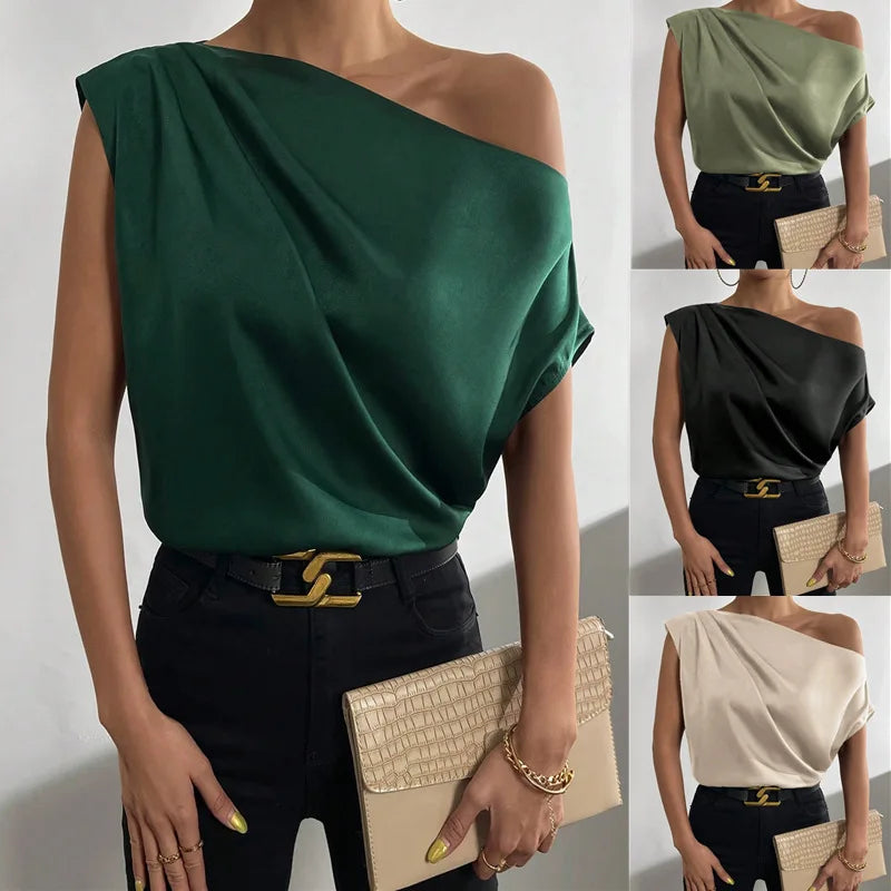 Asymmetric Slant Neck Blouse - Folded Single Shoulder Detail