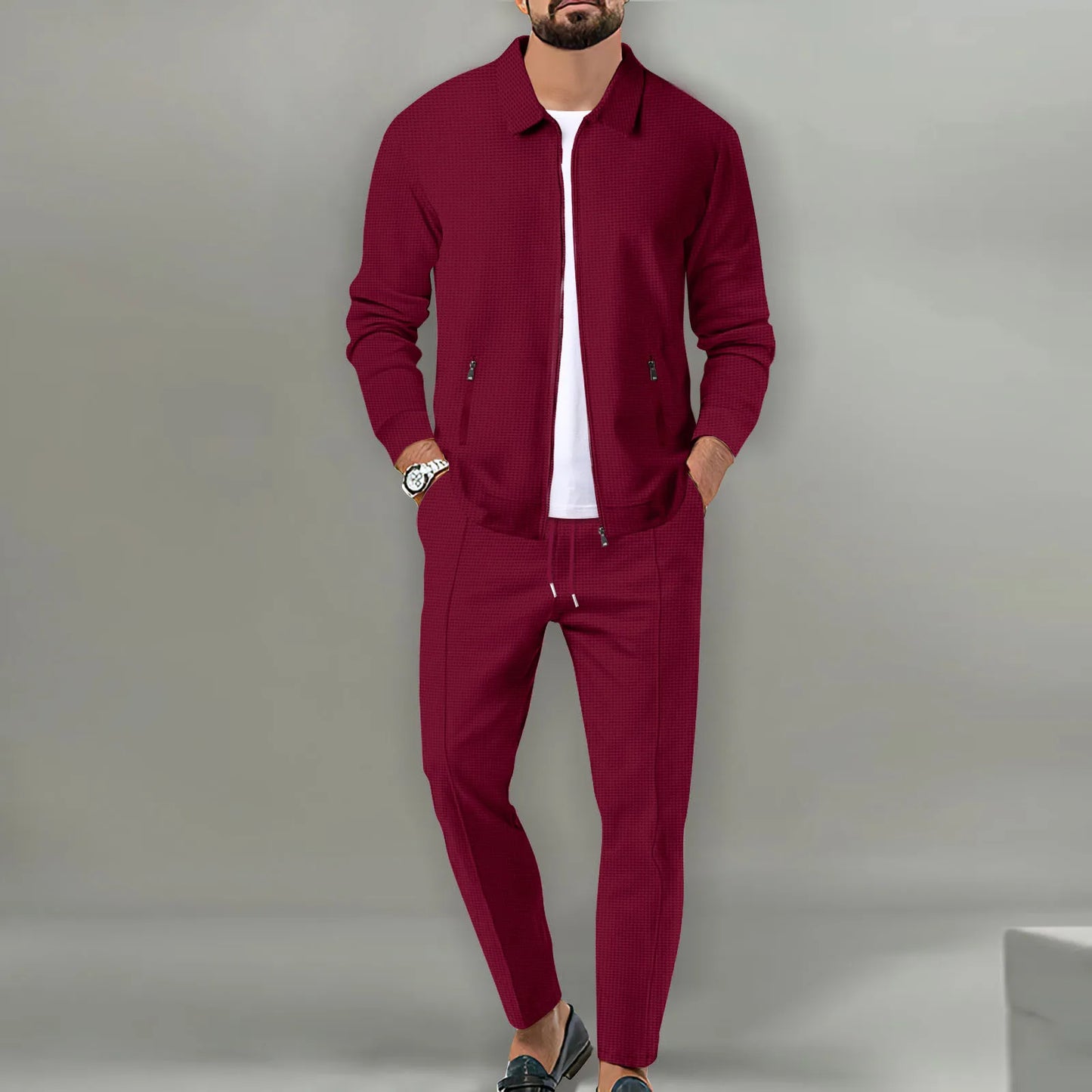 Men's Two-Piece Stand Collar Zipper Jacket and Drawstring Pants Ensemble