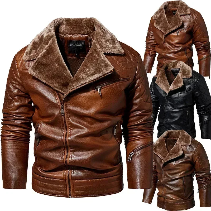 Men's Faux Leather Jacket with Fleece Fur Collar - Various Colors