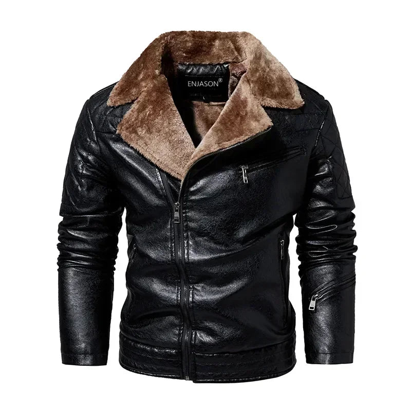 Men's Faux Leather Jacket with Fleece Fur Collar - Various Colors