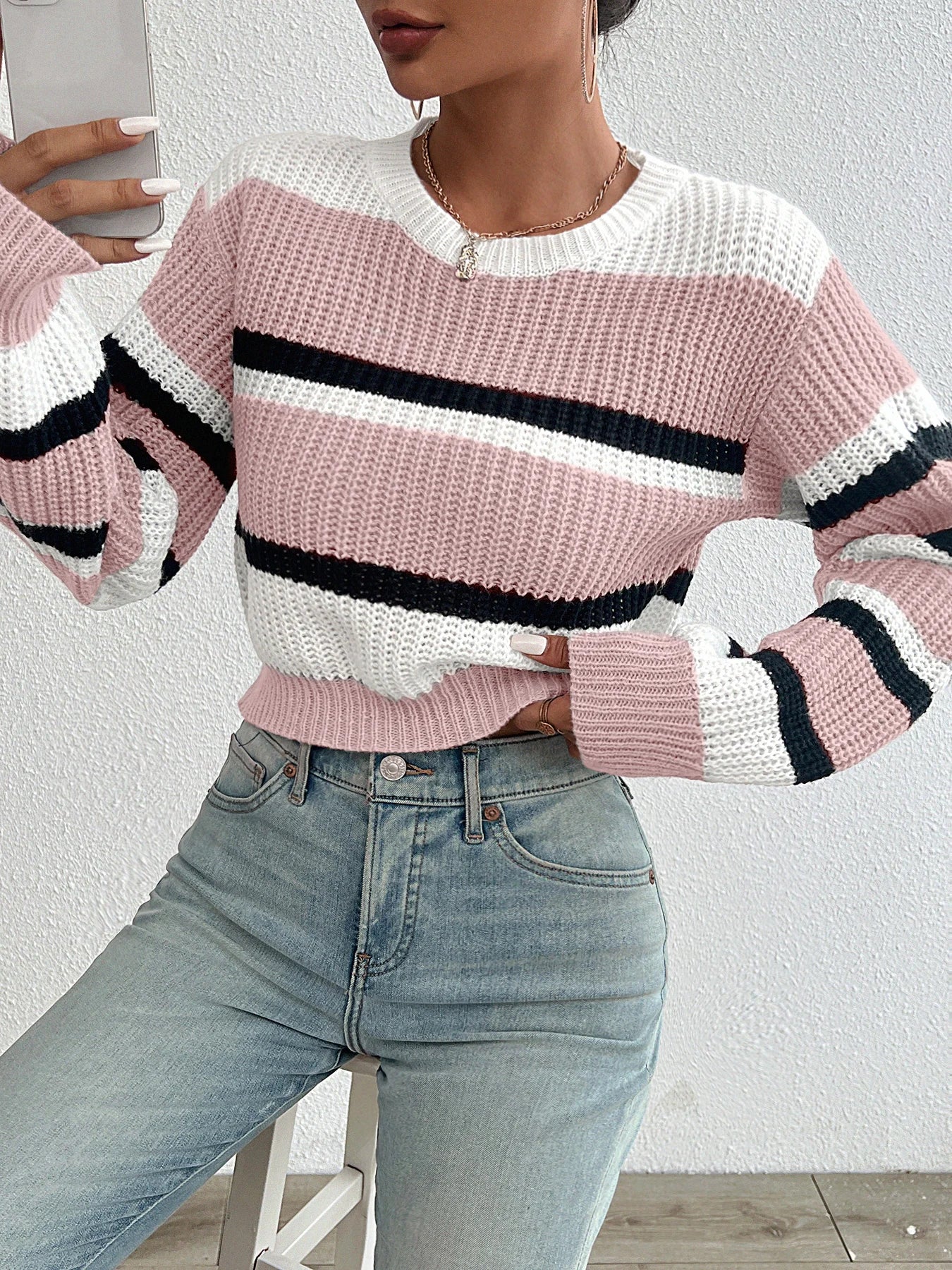 Women's Loose-Fit Acrylic Knit Long Sleeve Round Neck Sweater