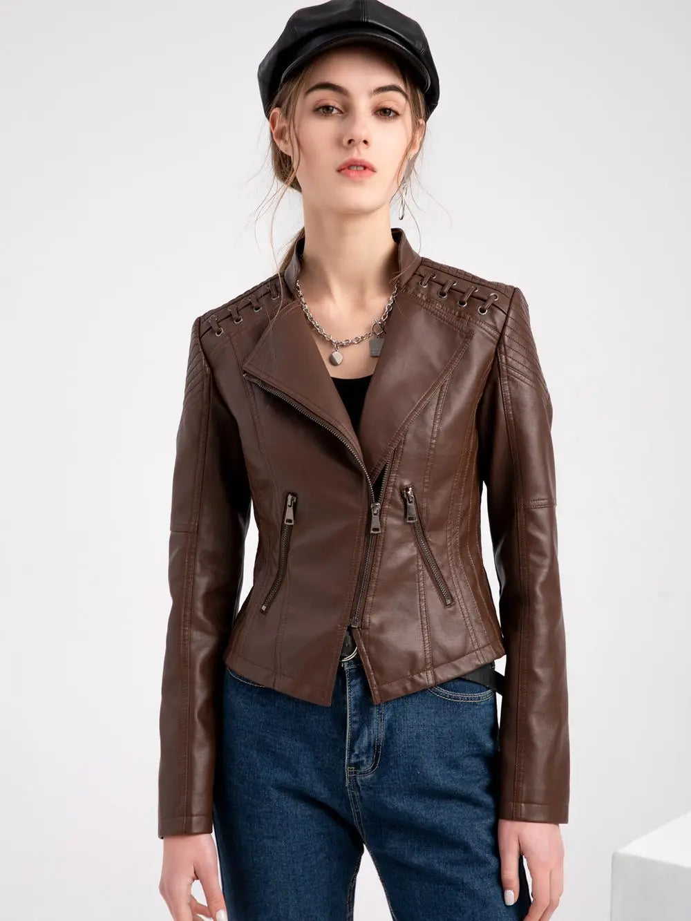 Women's Slim Fit Zipper Faux Leather Jacket - Various Colors