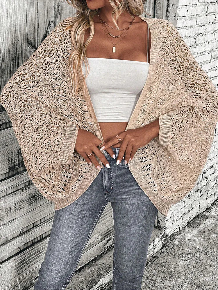 Elegant Front-Open Knit Cardigan - 100% Solid Color Polyester Camisole