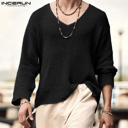 INCERUN Men's V-Neck Sweater with Mesh Design - Various Colors