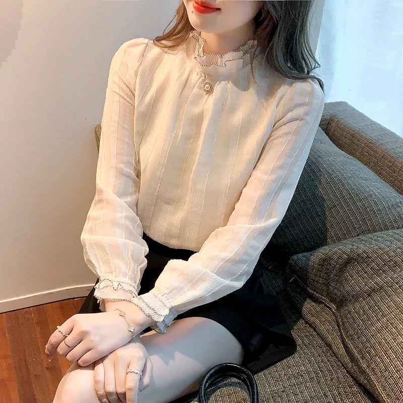 Elegant Women's Long Sleeve Chiffon Blouse Shirt