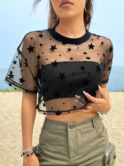 Women's Star-Print Cropped Mesh Top with Drop Shoulders