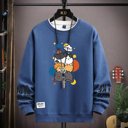 Men's Sweater with Japanese Cartoon Cat Print - Various Colors