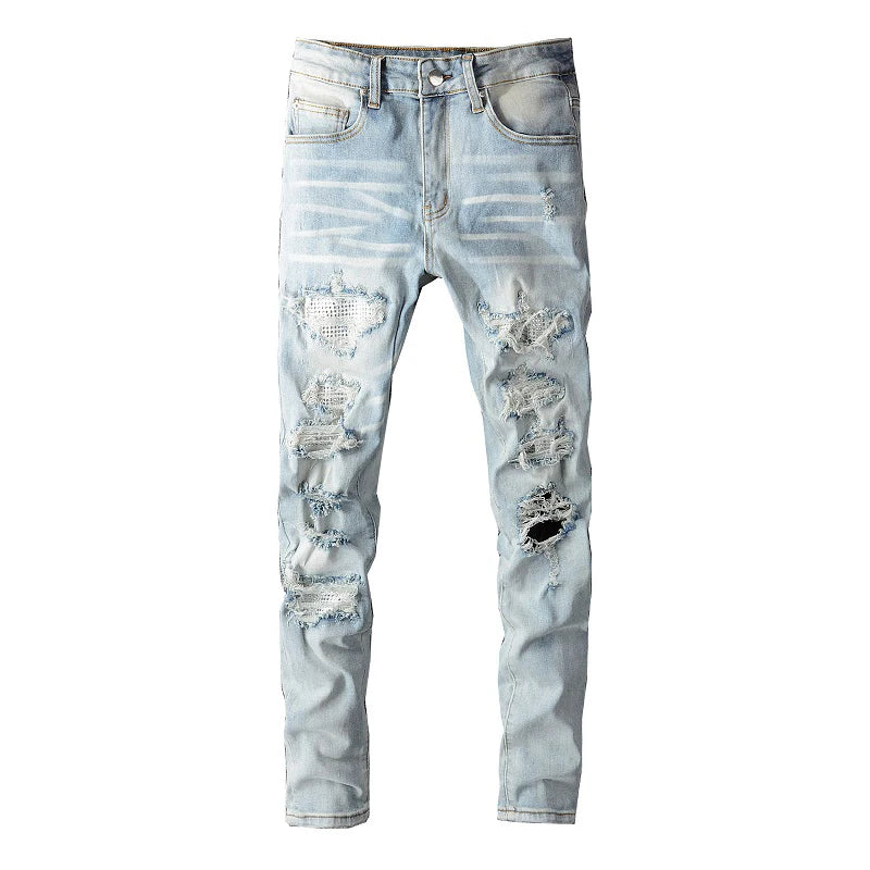 Men's Ripped Patchwork Jeans - Stylish Slim Skinny Pencil Pants with Crystal Holes