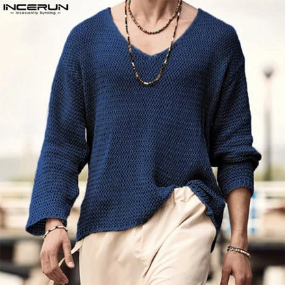 INCERUN Men's V-Neck Sweater with Mesh Design - Various Colors