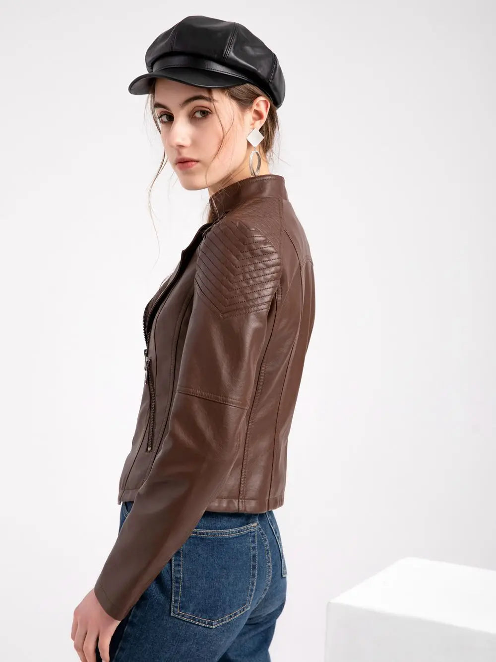 Women's Slim Fit Zipper Faux Leather Jacket - Various Colors