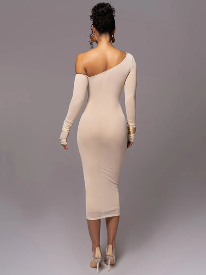 Backless Ruched Midi Dress for Women with Diagonal Collar and Two-Layer Mesh Long Sleeves