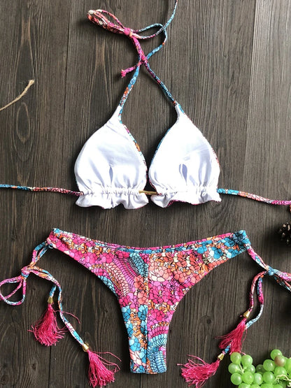 Floral Print Push-Up String Bikini Set for Women