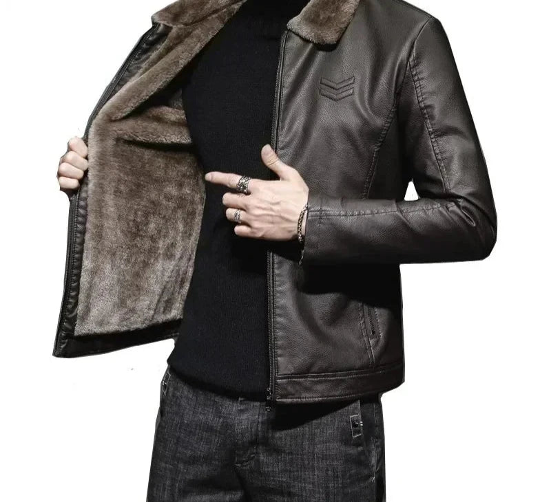 Men's Vintage Faux Leather Jacket with Faux Fur Collar - Various Colors