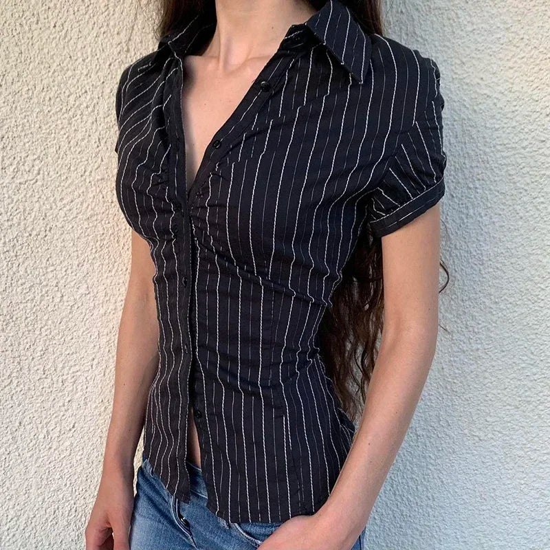 Chic Elegant Striped Button-Up Blouse for Women with Turn-Down Collar