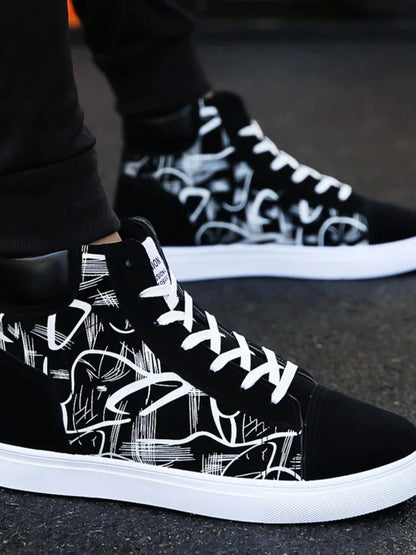 Men's Lace-Up High-Top Canvas Sneakers with Vulcanized Sole