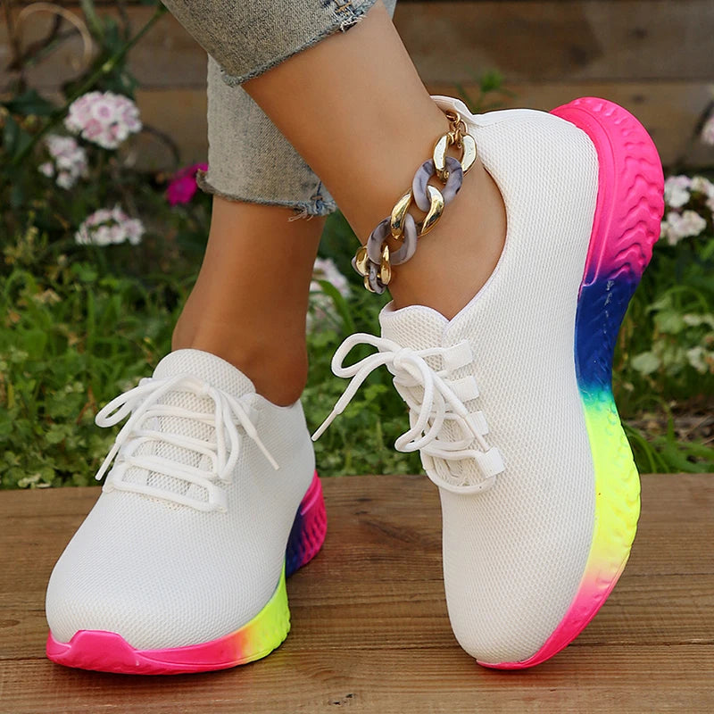 Rainbow Sole Women's Sneakers  - Breathable Mesh Platform Sports Shoes - Non-Slip Lace-Up Design