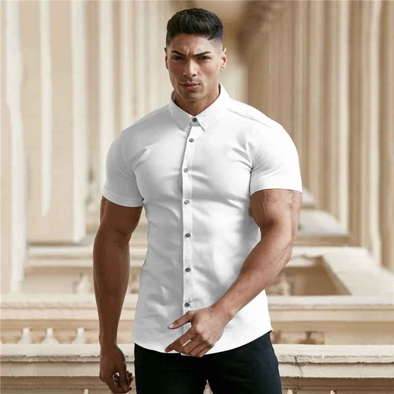 Men's Slim Fit Short Sleeve Lapel Shirt – Lightweight & Stretchy