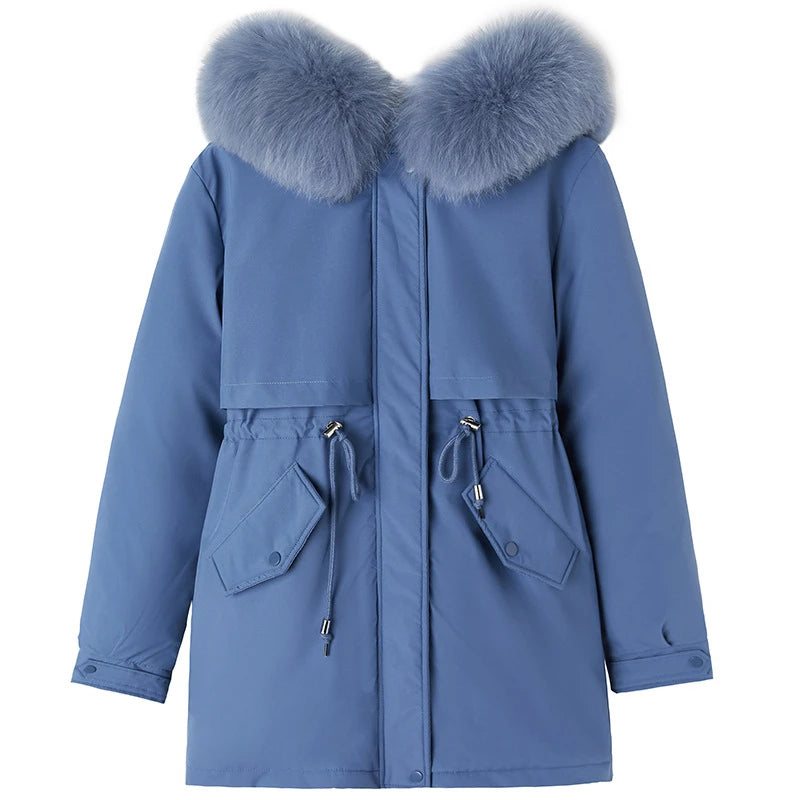 Women's Long Hooded Parka Coat with Wool Lining and Fur Collar - Various Colors