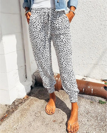 Women's Casual Lace-Up Pants in Loose Fit with Leopard Print - Various Colors