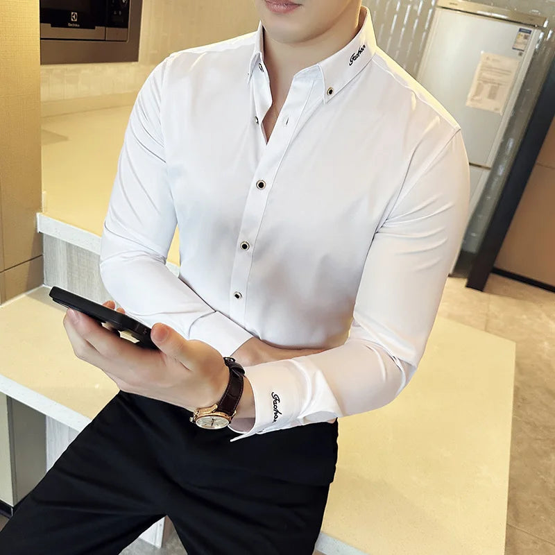 Men's Long Sleeve Slim Fit Shirts with Neckline Embroidery