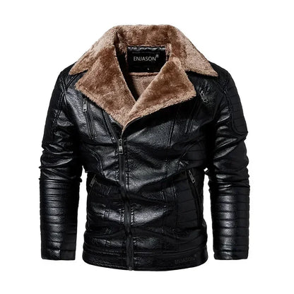 Men's Faux Leather Jacket with Fleece Fur Collar - Various Colors