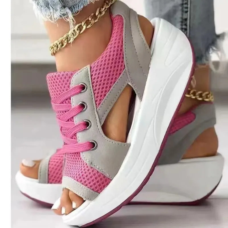 Women's  Chunky Platform Sandals/Sneakers - Comfortable Open Toe Mesh Design