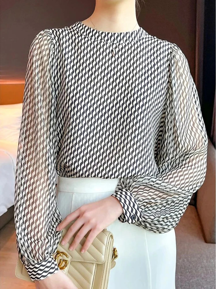 Women's Chiffon Long Sleeve Striped Blouse