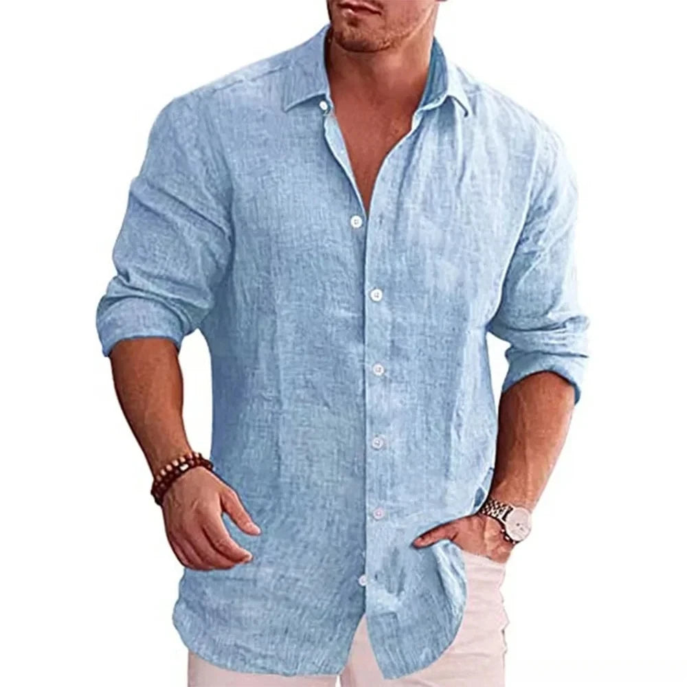 Men's Casual Long-Sleeved Stand-Up Collar Cotton Linen Shirt