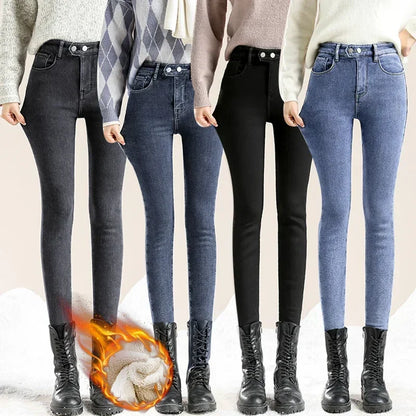 High-Waisted Thick Velvet Skinny Jeans for Women - Warm Fleece Slim Fit