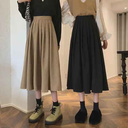 Korean Vintage High-Waisted Pleated Maxi Skirt for Women - Various Colors