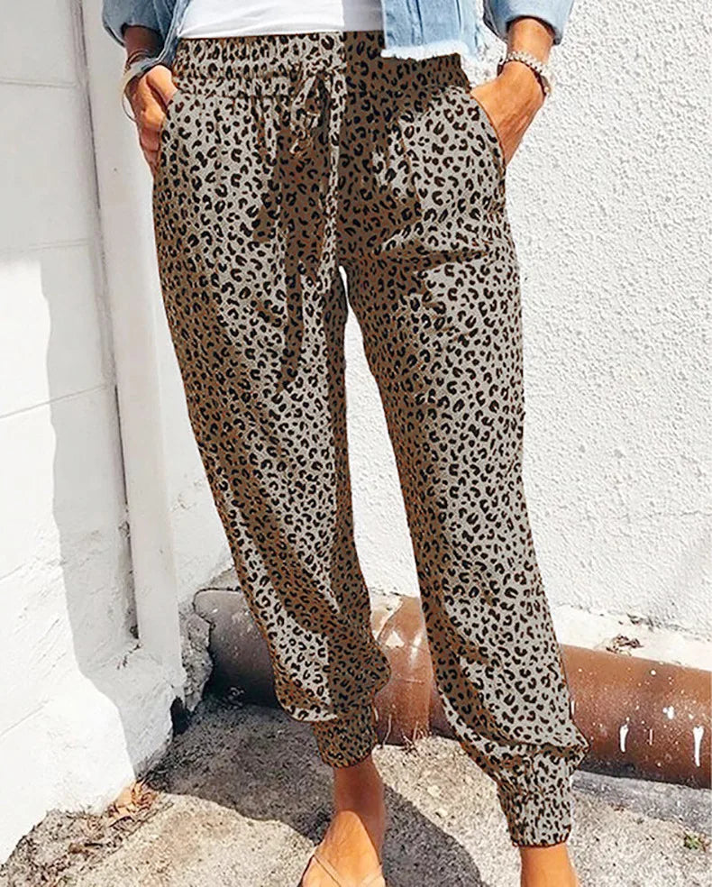 Women's Casual Lace-Up Pants in Loose Fit with Leopard Print - Various Colors