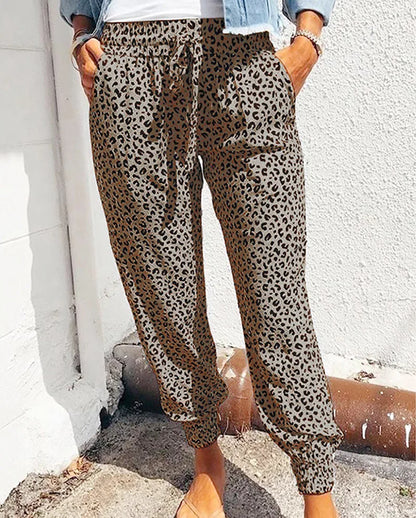 Women's Casual Lace-Up Pants in Loose Fit with Leopard Print - Various Colors