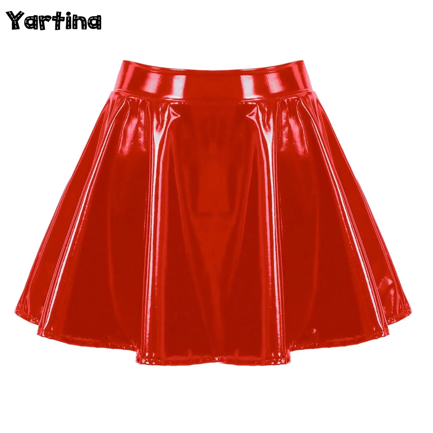 Women's Glossy Faux Leather Pleated Flared Mini Skirt - Various Colors