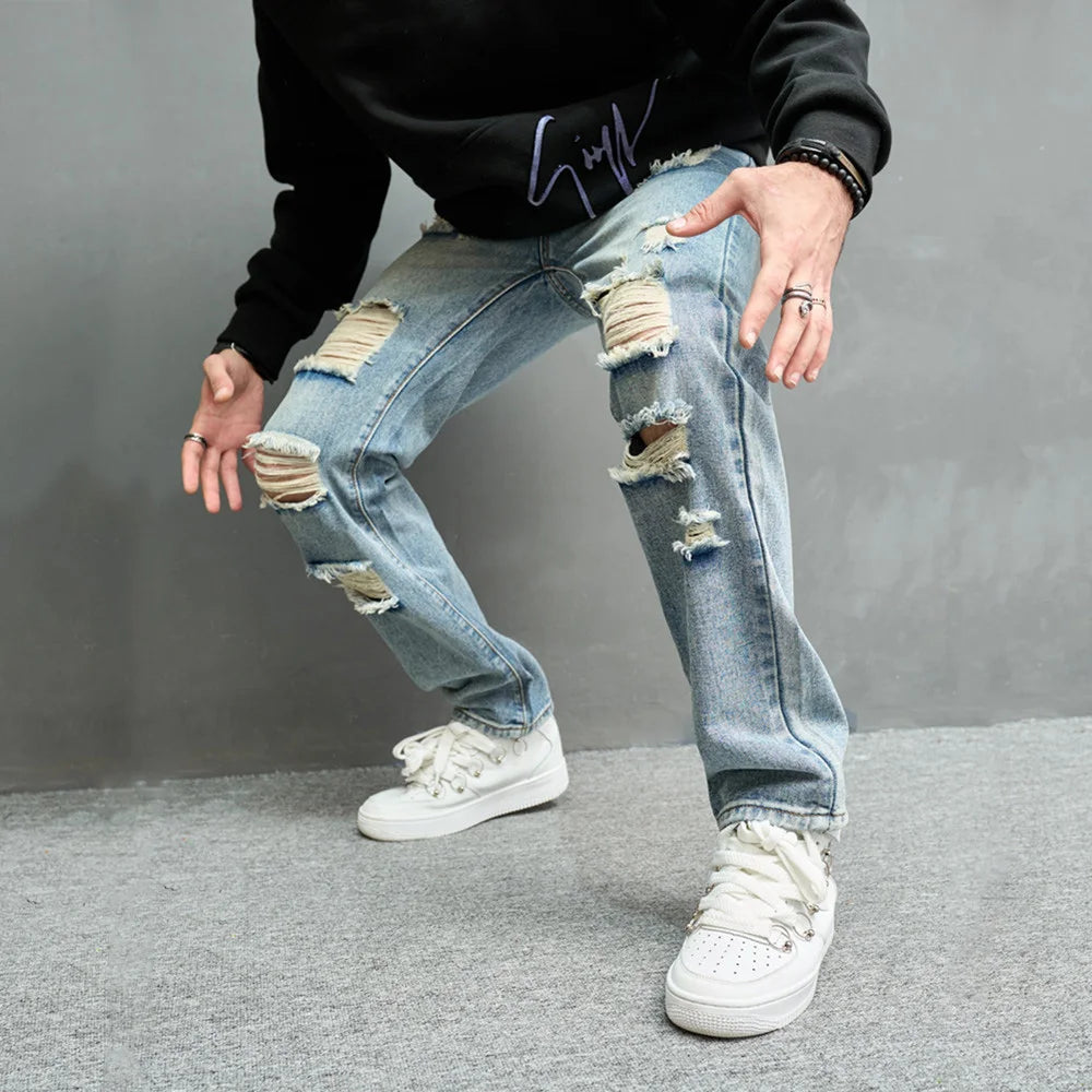 Men's Ripped Straight Jeans - Stylish Casual Denim Streetwear