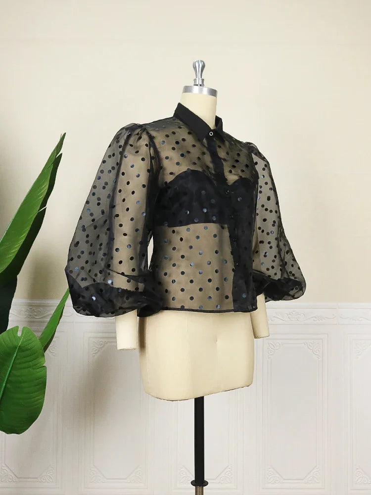 Womens Tulle Blouse - Polka Dots Print Button