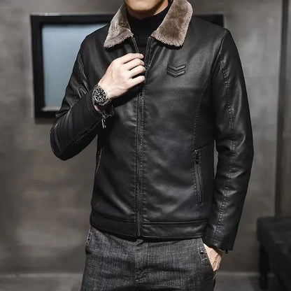 Men's Vintage Faux Leather Jacket with Faux Fur Collar - Various Colors