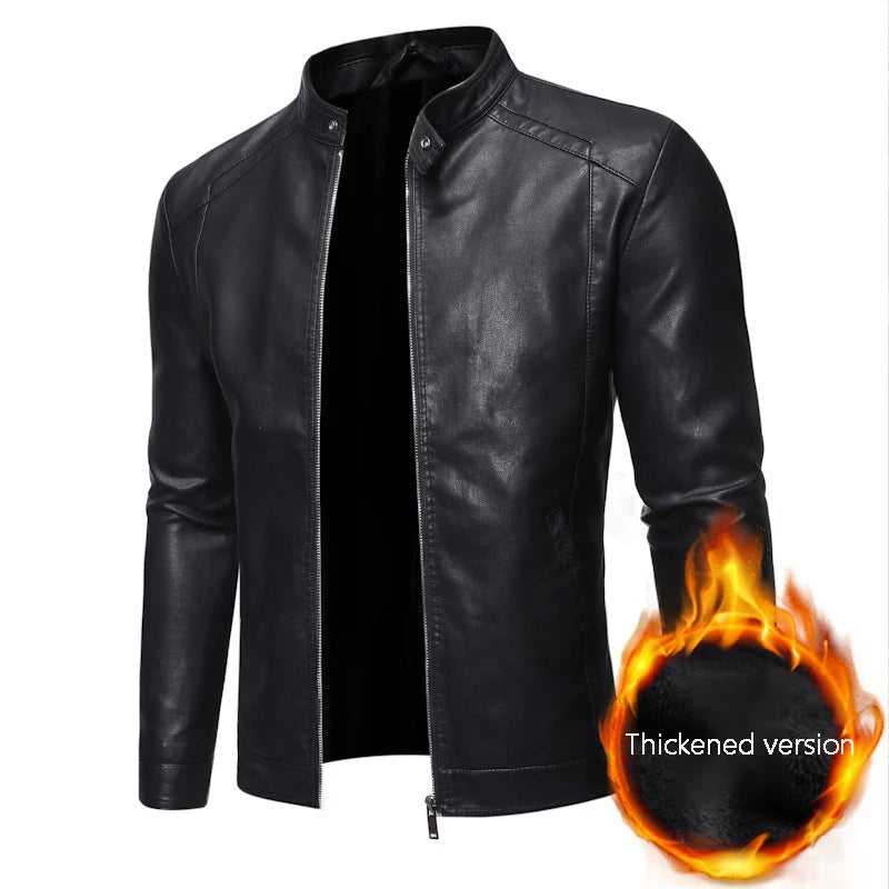 Men's Slim Fit Faux Leather Jacket with Standing Collar