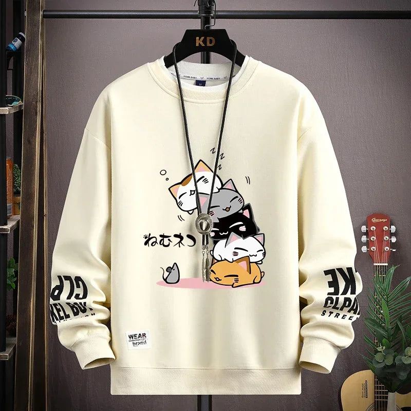 Men's Sweater with Japanese Cartoon Cat Print