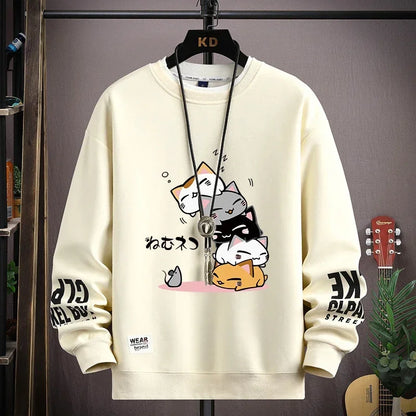 Men's Sweater with Japanese Cartoon Cat Print - Various Colors