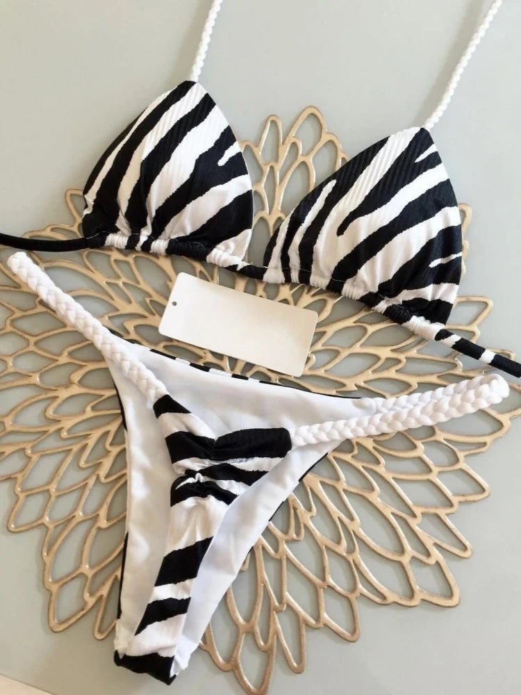 Zebra Print High-Waisted Thong Bikini Set for Women