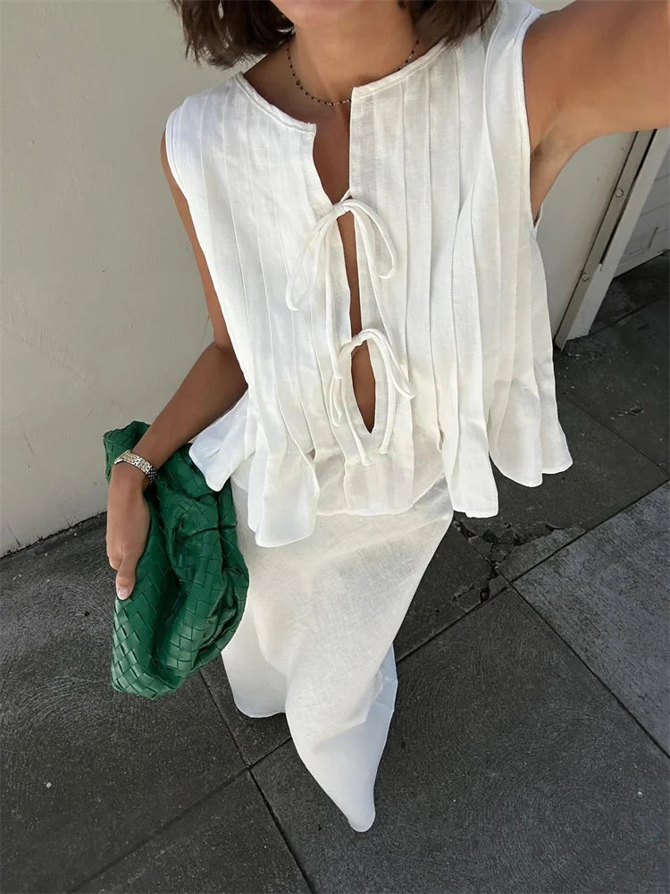 White Ribbed Bandage Tank Top for Women with Hollow Cut-Out Sleeveless Design