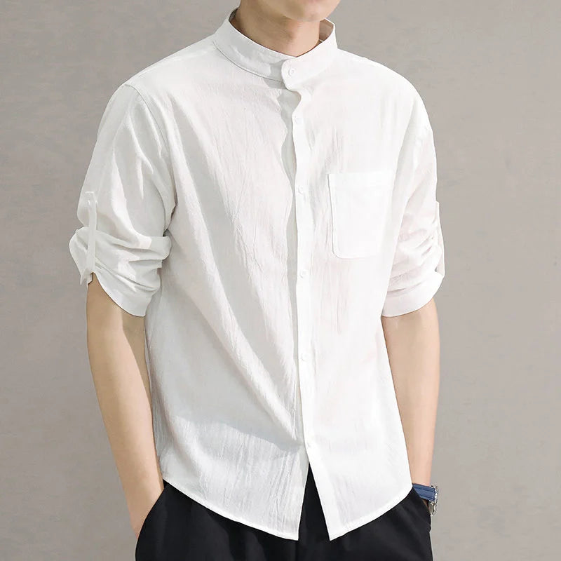 Men's Short-Sleeve Shirt with Stand Collar