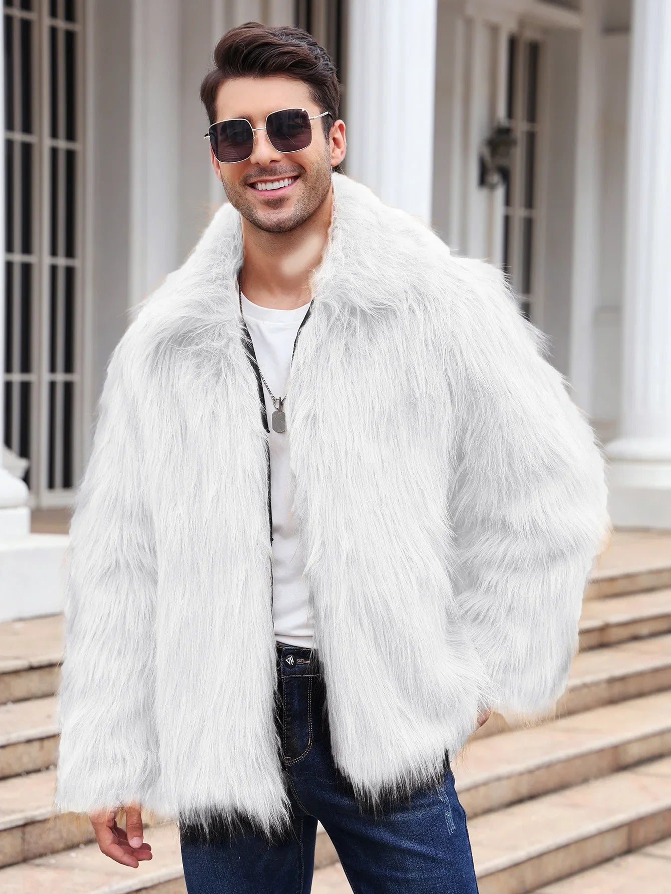 Men's Thick Fluffy Faux Fur Coat with Long Sleeves