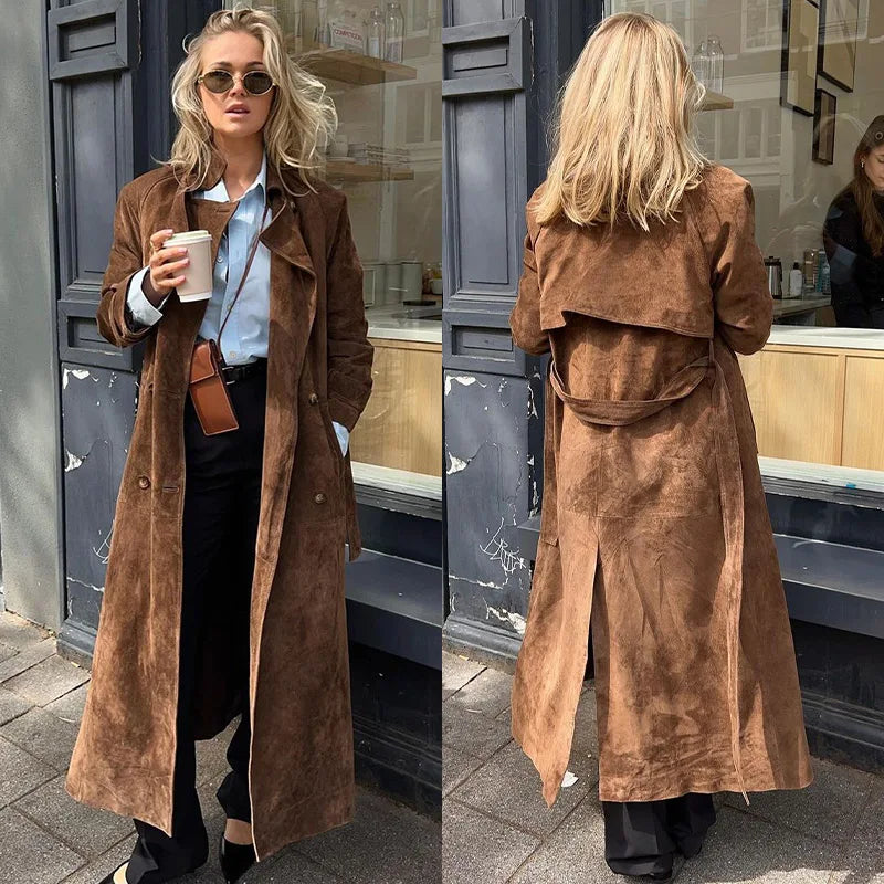 Women's Long Faux Suede Trench Coat with Belt