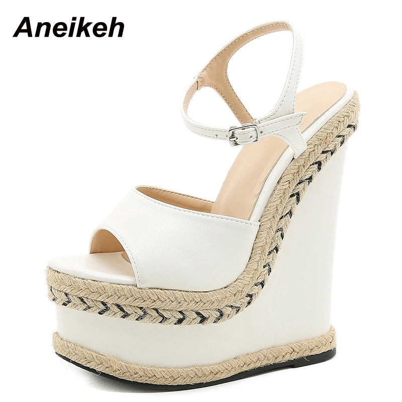 Aneikeh Women's PU Platform Buckle Heels with Woven Slope Design