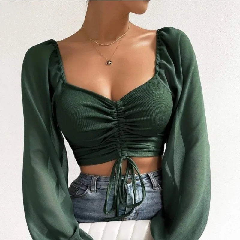 Drawstring Wrap Chest Long Sleeve Blouse for Women - Various Colors