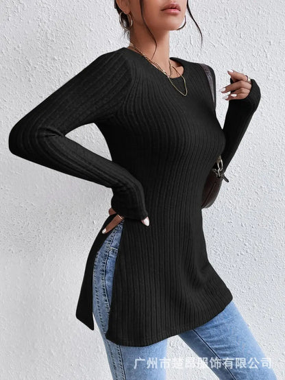 Women's Elegant Warm Slim Fit Long Sleeve Sweater with Side Slit