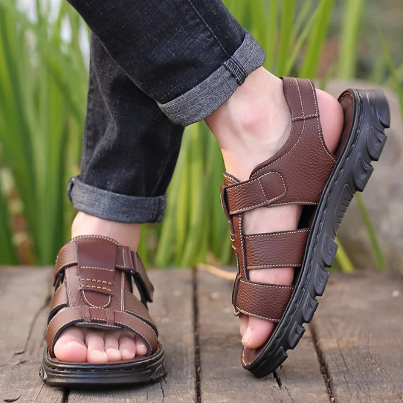 Men's Genuine Leather Sandals - Non-Slip Thick Sole Roman Style