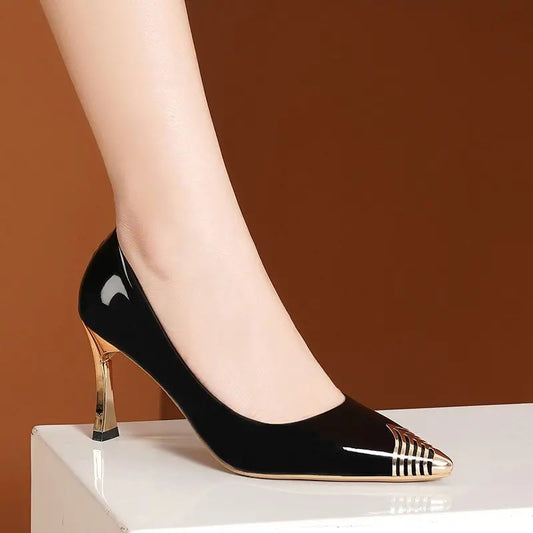 Black Spiral Patterned Pointed-Toe Fashion Heels for Women