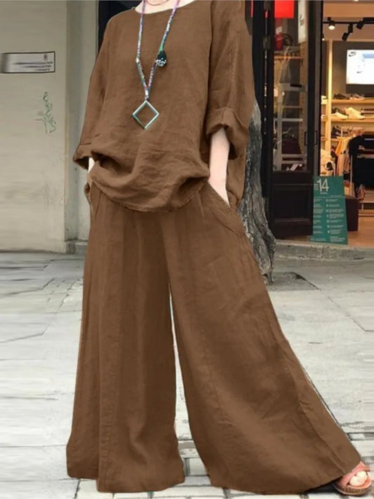 Loose Long Sleeve Shirt- Wide Legs Trousers Two Piece Set